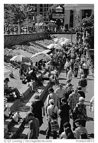 Tourists and art exhibitors on the quay of inner harbour. Victoria, British Columbia, Canada (black and white)