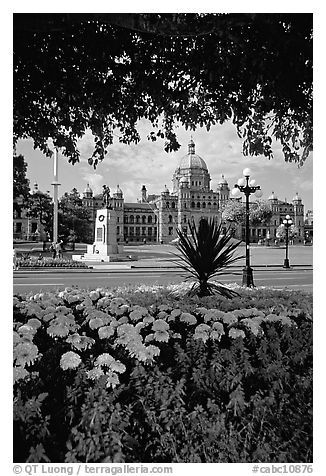 Parliament framed by leaves and flowers. Victoria, British Columbia, Canada (black and white)