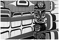 Totem and motif painted on the wall of carving studio. Victoria, British Columbia, Canada ( black and white)
