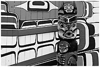 Totem and motif painted on the wall of carving studio. Victoria, British Columbia, Canada (black and white)