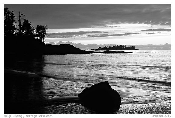 Rock and bay at sunset, Half-moon bay. Pacific Rim National Park, Vancouver Island, British Columbia, Canada (black and white)
