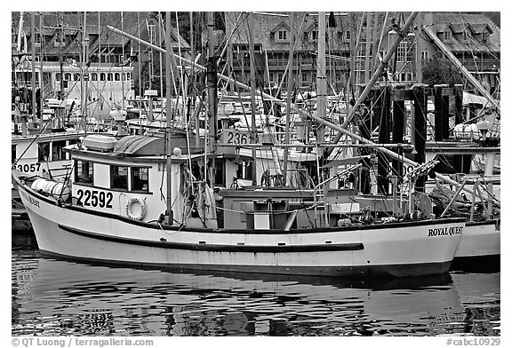 Fishing boat in harbour, Uclulet. Vancouver Island, British Columbia, Canada (black and white)