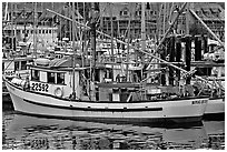 Fishing boat in harbour, Uclulet. Vancouver Island, British Columbia, Canada (black and white)