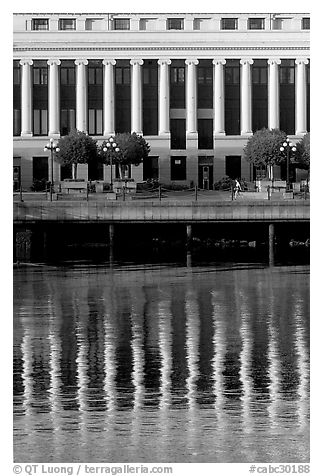 Buildings with columns and reflections. Victoria, British Columbia, Canada (black and white)