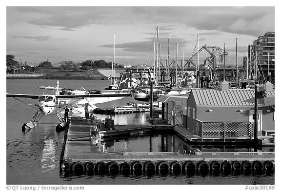 Floatplane dock in the Inner Harbor. Victoria, British Columbia, Canada (black and white)
