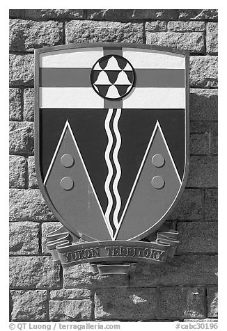 Shield of Yukon Territory. Victoria, British Columbia, Canada (black and white)