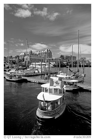 Harbor Ferry with Canadian flag. Victoria, British Columbia, Canada (black and white)