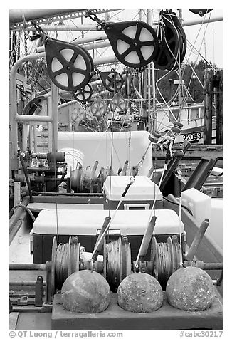 Fishing equipment on boat, Uclulet. Vancouver Island, British Columbia, Canada (black and white)