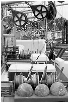 Fishing equipment on boat, Uclulet. Vancouver Island, British Columbia, Canada (black and white)