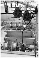 Fishing equipment on boat, Uclulet. Vancouver Island, British Columbia, Canada (black and white)