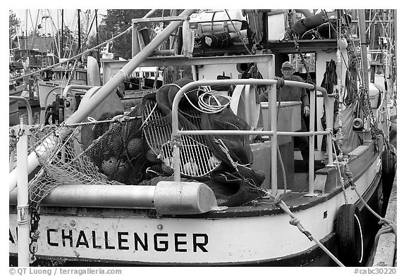 Commercial fishing boat, Uclulet. Vancouver Island, British Columbia, Canada (black and white)