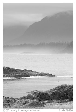 Ocean and coastal range. Pacific Rim National Park, Vancouver Island, British Columbia, Canada (black and white)