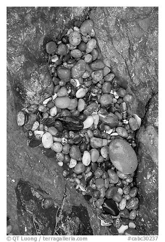 Pebbles and rock, South Beach. Pacific Rim National Park, Vancouver Island, British Columbia, Canada (black and white)