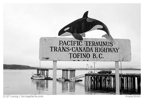 Sign marking the Pacific terminus of the trans-Canada highway, Tofino. Vancouver Island, British Columbia, Canada