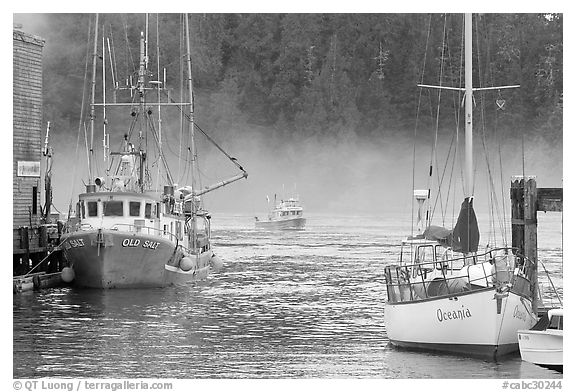 Yacht and fishing boat, Tofino. Vancouver Island, British Columbia, Canada (black and white)