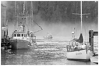 Yacht and fishing boat, Tofino. Vancouver Island, British Columbia, Canada ( black and white)