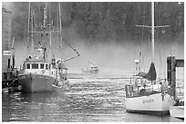 Yacht and fishing boat, Tofino. Vancouver Island, British Columbia, Canada (black and white)