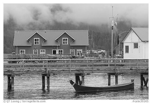 Pier and waterfront buildings, Tofino. Vancouver Island, British Columbia, Canada (black and white)