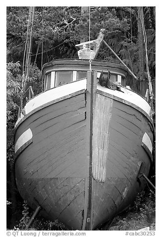 Prow of retired fishing boat. Vancouver Island, British Columbia, Canada (black and white)