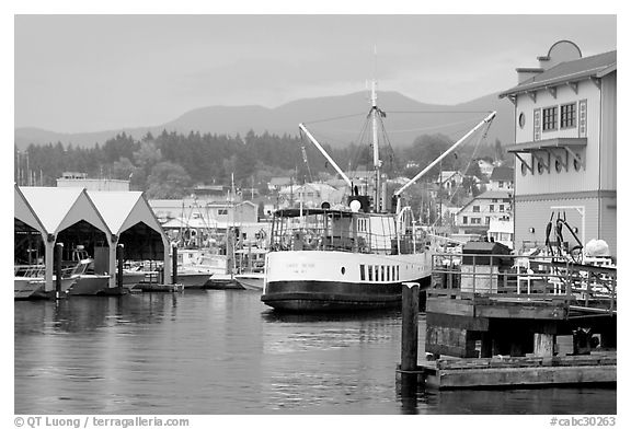 Harbor Quay with the Lady Rose ferry, Port Alberni. Vancouver Island, British Columbia, Canada (black and white)