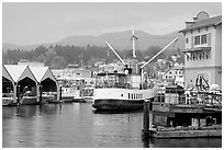 Harbor Quay with the Lady Rose ferry, Port Alberni. Vancouver Island, British Columbia, Canada ( black and white)