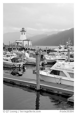Harbour and lighthouse, Port Alberni. Vancouver Island, British Columbia, Canada (black and white)