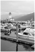 Harbour and lighthouse, Port Alberni. Vancouver Island, British Columbia, Canada ( black and white)