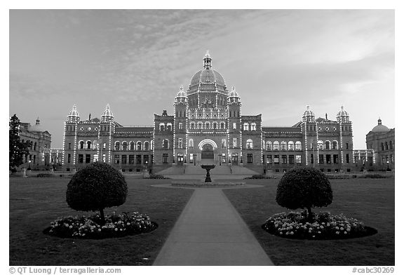 Parliament illuminated at night. Victoria, British Columbia, Canada (black and white)