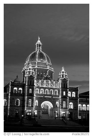 Parliament illuminated at night. Victoria, British Columbia, Canada (black and white)