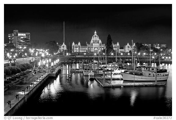 Inner harbor and parliament at night. Victoria, British Columbia, Canada (black and white)