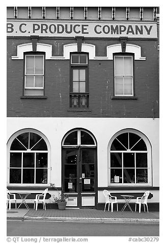 Produce company building reconverted into a cafe. Victoria, British Columbia, Canada (black and white)