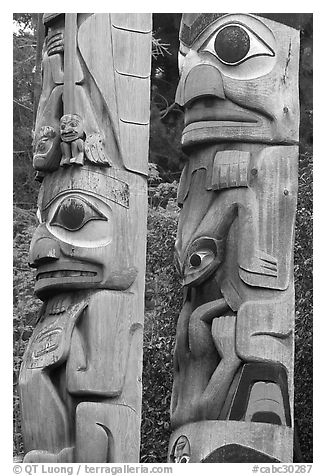 Totem poles, Thunderbird Park. Victoria, British Columbia, Canada (black and white)