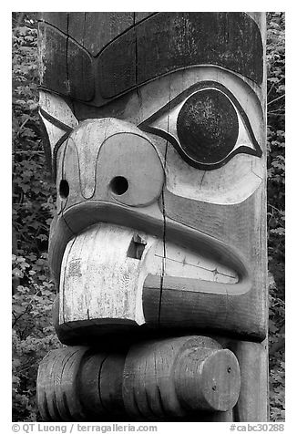 Totem pole detail, Thunderbird Park. Victoria, British Columbia, Canada (black and white)