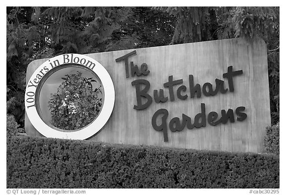 Entrance sign of Butchard Gardens. Butchart Gardens, Victoria, British Columbia, Canada (black and white)