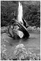 Three Sturgeons Fountain, with sculptures cast by Sirio Tofanari. Butchart Gardens, Victoria, British Columbia, Canada (black and white)