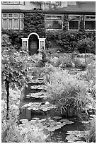Pond in Italian Garden and Dining Room. Butchart Gardens, Victoria, British Columbia, Canada (black and white)