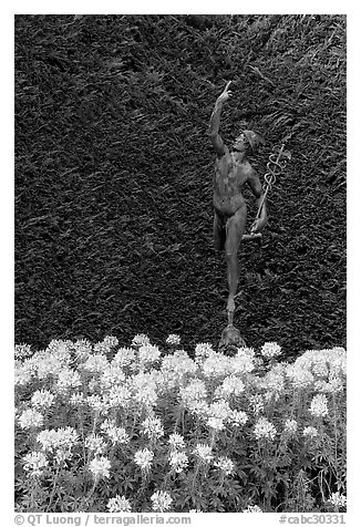 Florentine statue of Mercury. Butchart Gardens, Victoria, British Columbia, Canada (black and white)