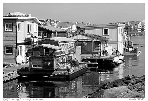 Houseboats near Fisherman's wharf. Victoria, British Columbia, Canada (black and white)