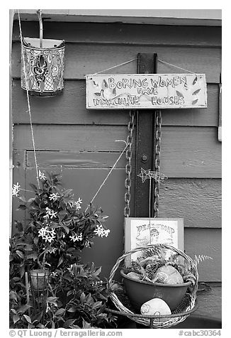 Whimsical decorations on houseboat. Victoria, British Columbia, Canada (black and white)