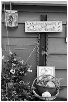 Whimsical decorations on houseboat. Victoria, British Columbia, Canada (black and white)