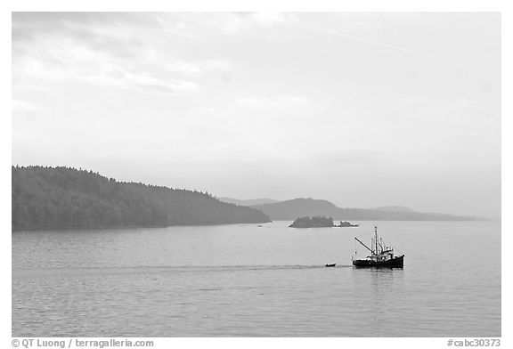 Fishing boat in the San Juan Islands. Vancouver Island, British Columbia, Canada (black and white)