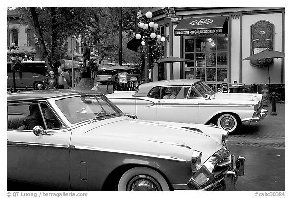 Classic cars in Water Street. Vancouver, British Columbia, Canada (black and white)