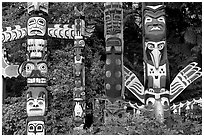 Totem collection near the Capilano bridge. Vancouver, British Columbia, Canada (black and white)