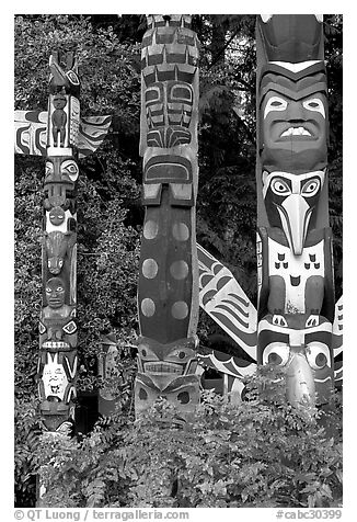 Totems near the Capilano bridge. Vancouver, British Columbia, Canada (black and white)