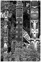 Totems near the Capilano bridge. Vancouver, British Columbia, Canada (black and white)