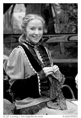 Woman in period costume. Vancouver, British Columbia, Canada (black and white)