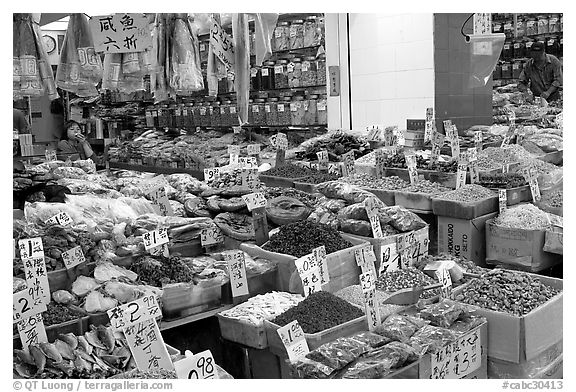 Chinese medicinal goods in Chinatown. Vancouver, British Columbia, Canada (black and white)
