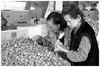 Two elderly women choosing tropical fruit. Vancouver, British Columbia, Canada (black and white)