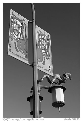 Street lamp and banner, Chinatown. Vancouver, British Columbia, Canada (black and white)