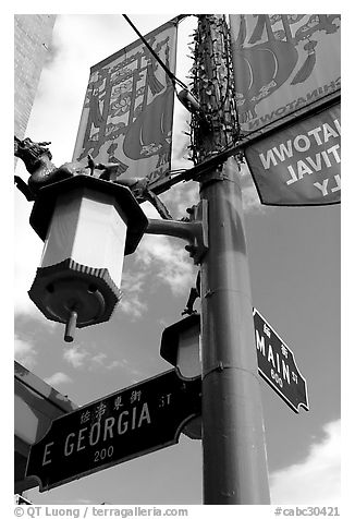 Street names in English and Chinese, Chinatown. Vancouver, British Columbia, Canada (black and white)